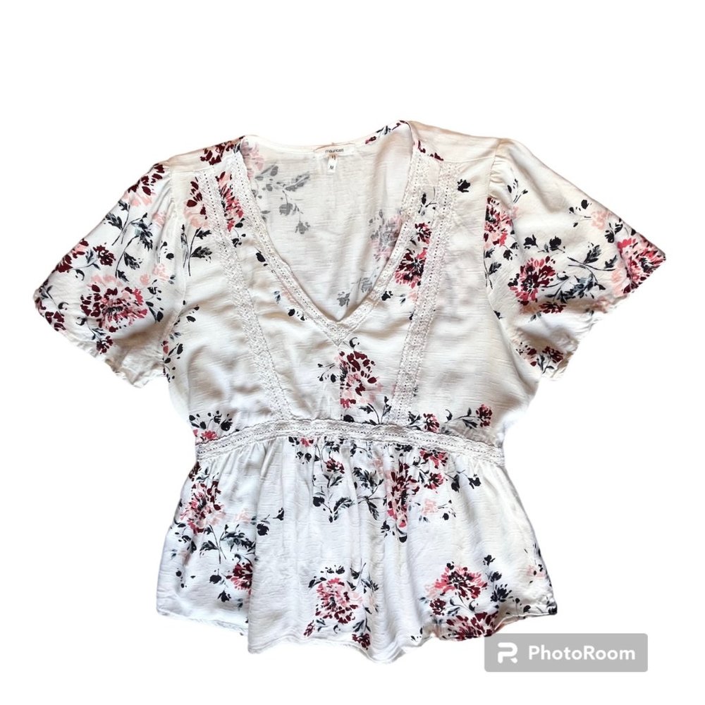 Maurices Lace Trimmed Peplum Peasant Short Sleeve Top Cream Floral Size Medium